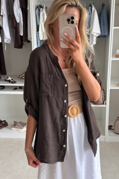 Lniana koszula oversize haft czekolada 5