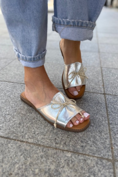 Klapki z kokardką SHIMMER silver 2