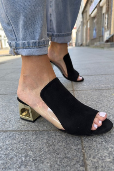 klapki na złotym obcasie GIGI zamsz black
