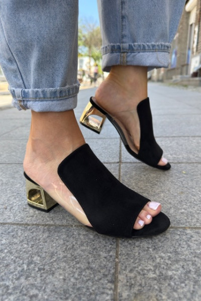 klapki na złotym obcasie GIGI zamsz black 8